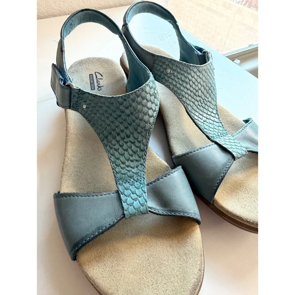 Clarks Collection Blue Leather Snakeskin Texture Slingback Sandals Womens 8.5 M